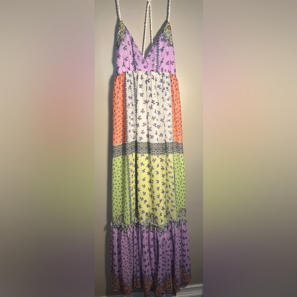 NWT Gorgeous Forever 21 Rope Straps Open Back Boho Maxi with Ruffle Layered Btm